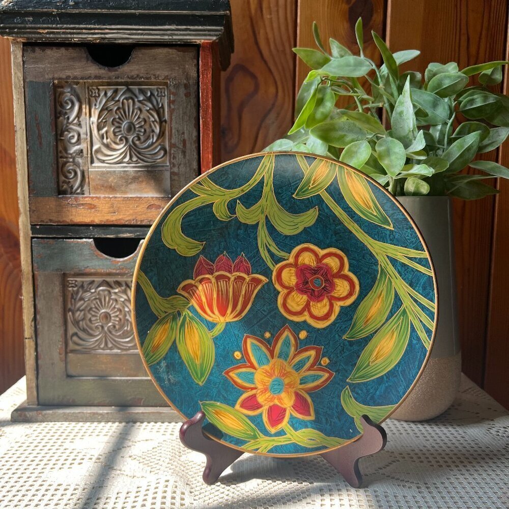 Vintage Designer Inspired Hand Painted Floral Oriental Accent Decorative Plate